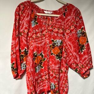 LC Lauren Conrad Vibrant Red‎ Floral Blouse